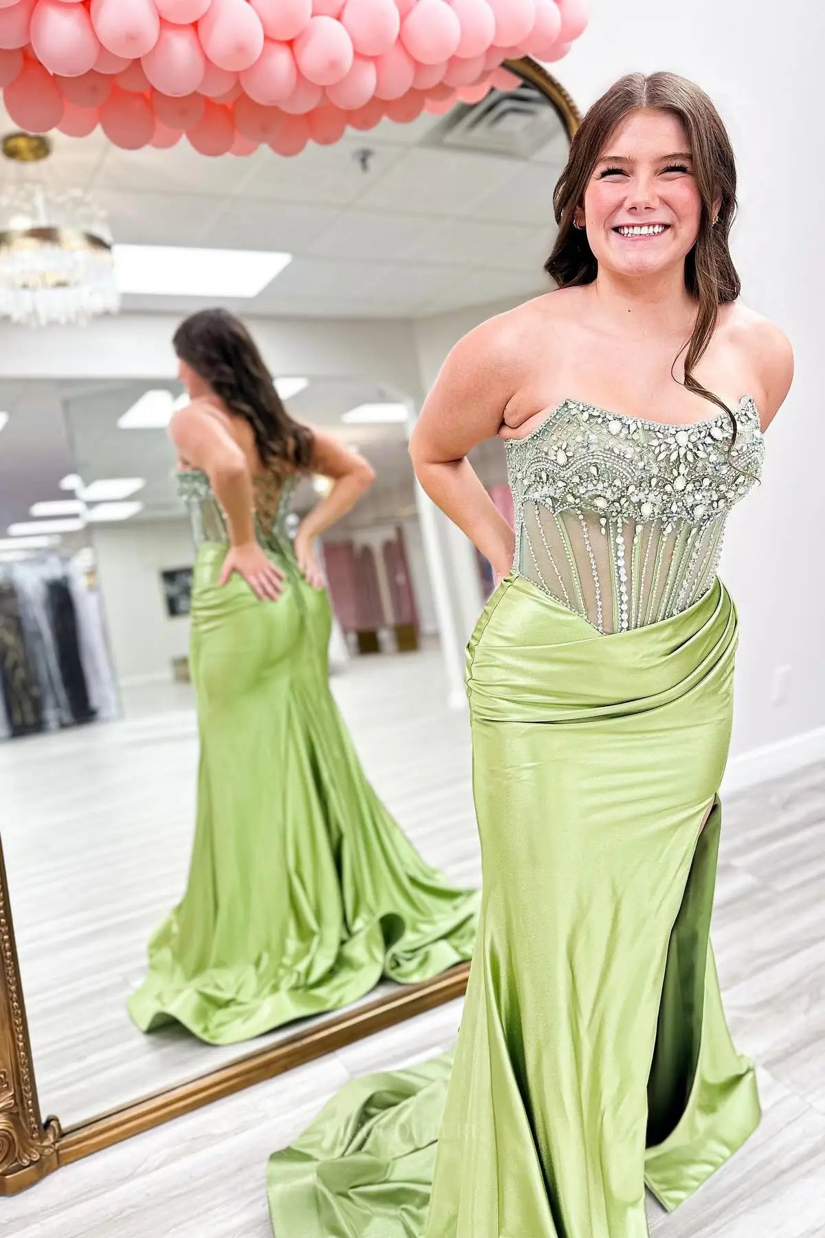 Prom Dresses 2025 to impress Pastel Beaded Strapless Satin Mermaid Prom Dress with High Slit – 26042-vigocouture-Green-Custom Size-vigocouture