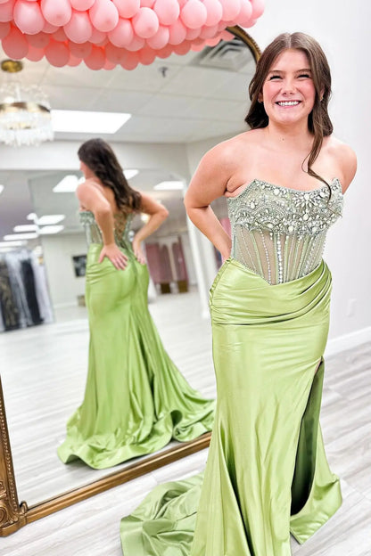 Prom Dresses 2025 to impress Pastel Beaded Strapless Satin Mermaid Prom Dress with High Slit – 26042-vigocouture-Green-Custom Size-vigocouture