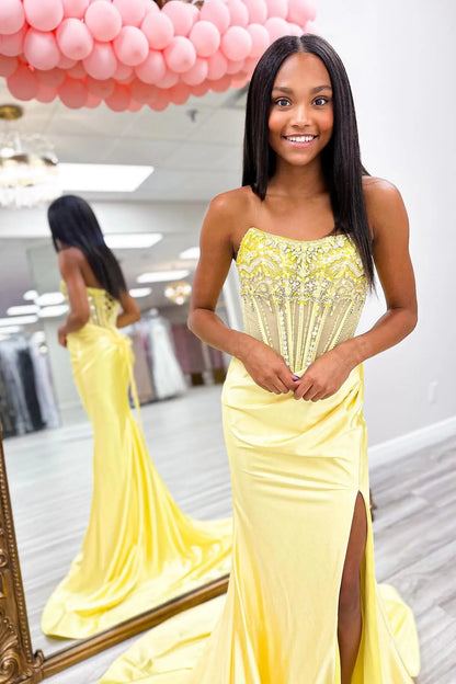 Prom Dresses 2025 to impress Pastel Beaded Strapless Satin Mermaid Prom Dress with High Slit – 26042-vigocouture-Yellow-Custom Size-vigocouture