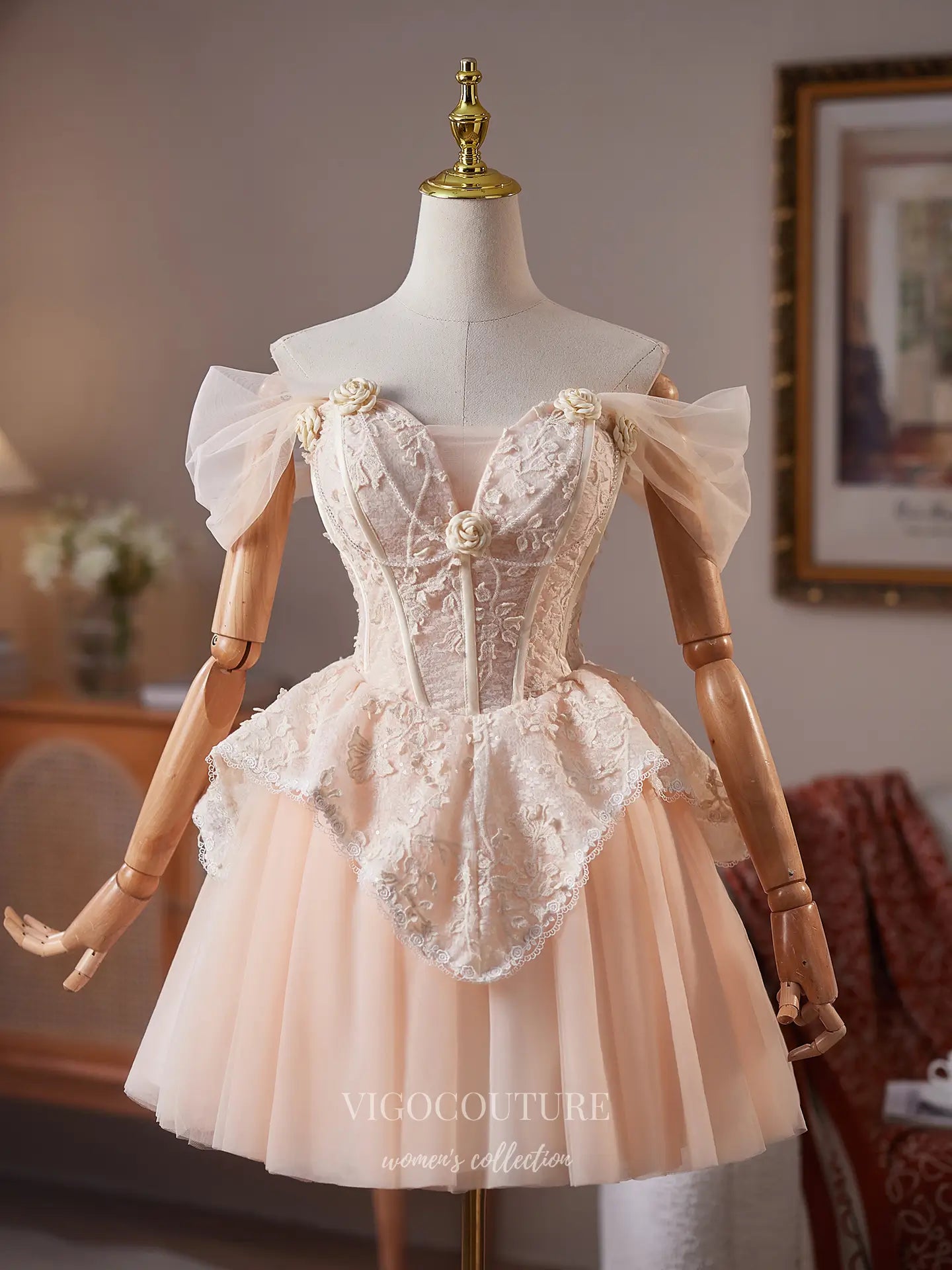 Peach Off-Shoulder Homecoming Dress with Lace Corset Bodice & 3D Rose Appliqués – HC486