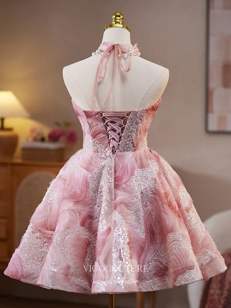 Prom Dresses 2025 to impress Pink 3D Floral Pearl Strapless Homecoming Dress with Lace-Up Back – hc477-vigocouture-vigocouture