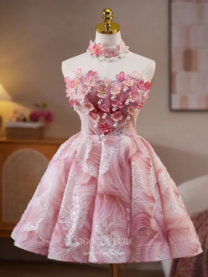 Prom Dresses 2025 to impress Pink 3D Floral Pearl Strapless Homecoming Dress with Lace-Up Back – hc477-vigocouture-Pink-Custom Size-vigocouture