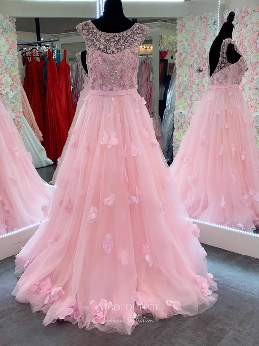 Prom Dress 2025 Pink 3D Flower Beaded Lace Applique Prom Dresses Sheer Bodice Boat Neck 24153-unique elegant Prom Dresses-Pink-Custom Size-vigocouture