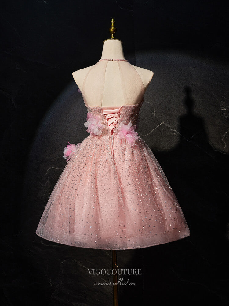 Pink 3D Flower Homecoming Dress Beaded Sequin Halter Neck Graduation D vigocouture Pink 3D Flower Homecoming Dress Beaded Sequin Halter Neck Graduation D vigocouture