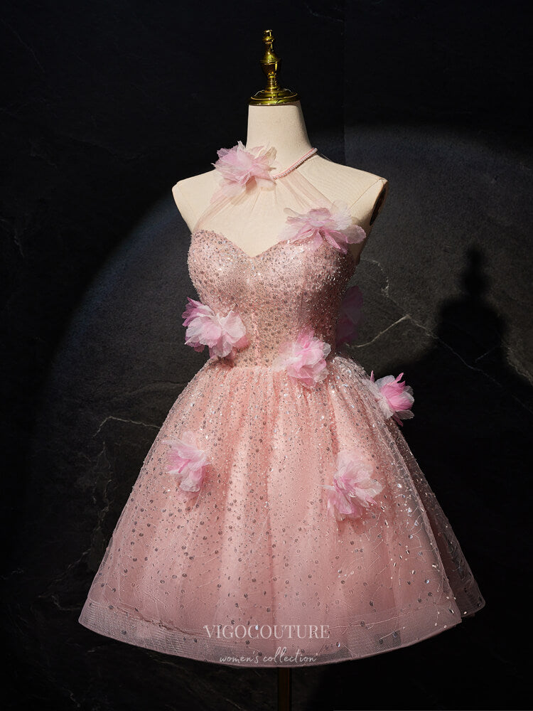 Pink 3D Flower Homecoming Dress Beaded Sequin Halter Neck Graduation D