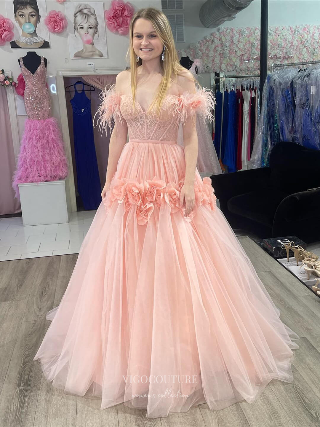 Pink 3D Flower Lace Prom Dresses Sheer Boned Bodice Feather Strap 24167 Pink / US12 Pink 3D Flower Lace Prom Dresses Sheer Boned Bodice Feather Strap 24167 Pink / US12