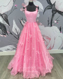 Pink 3D Flower Prom Dresses Spaghetti Strap Evening Dress 21678