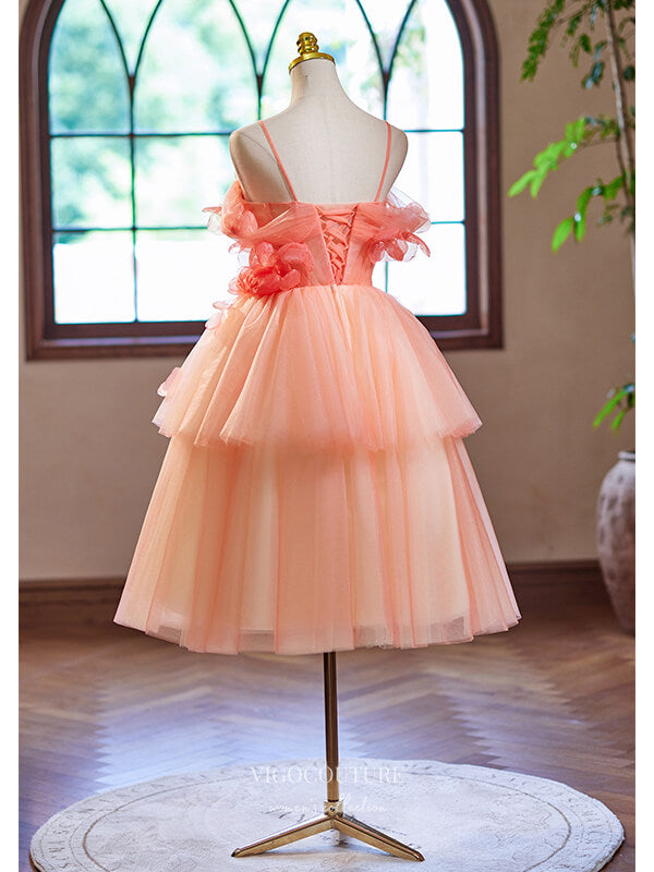 Pink 3D Flower Tiered Homecoming Dress Spaghetti Strap Graduation Dress hc336 Custom Colors / US0 Pink 3D Flower Tiered Homecoming Dress Spaghetti Strap Graduation Dress hc336 Custom Colors / US0