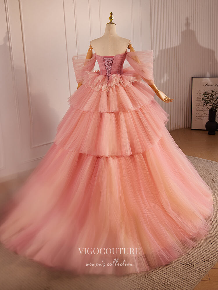 Prom Dress 2025 Pink 3D Flower Tiered Prom Dresses Off the Shoulder Tulle Quinceanera Dress 24399-unique elegant Prom Dresses-Pink-Custom Size-vigocouture