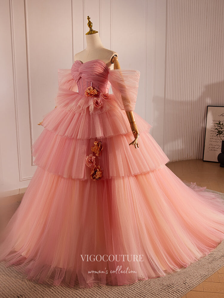 Prom Dress 2025 Pink 3D Flower Tiered Prom Dresses Off the Shoulder Tulle Quinceanera Dress 24399-unique elegant Prom Dresses-Pink-Custom Size-vigocouture