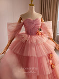 Prom Dress 2025 Pink 3D Flower Tiered Prom Dresses Off the Shoulder Tulle Quinceanera Dress 24399-unique elegant Prom Dresses-Pink-Custom Size-vigocouture