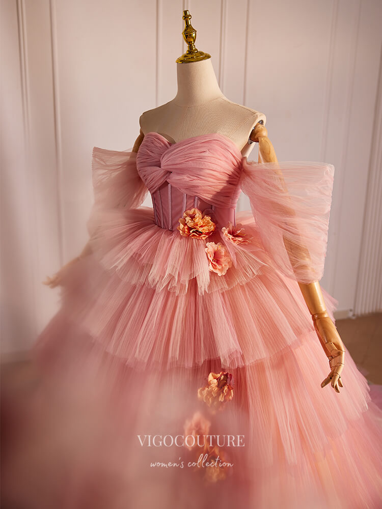 Prom Dress 2025 Pink 3D Flower Tiered Prom Dresses Off the Shoulder Tulle Quinceanera Dress 24399-unique elegant Prom Dresses-Pink-Custom Size-vigocouture