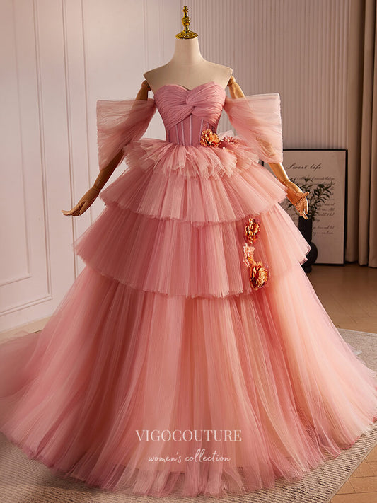 Prom Dress 2025 Pink 3D Flower Tiered Prom Dresses Off the Shoulder Tulle Quinceanera Dress 24399-unique elegant Prom Dresses-Pink-Custom Size-vigocouture