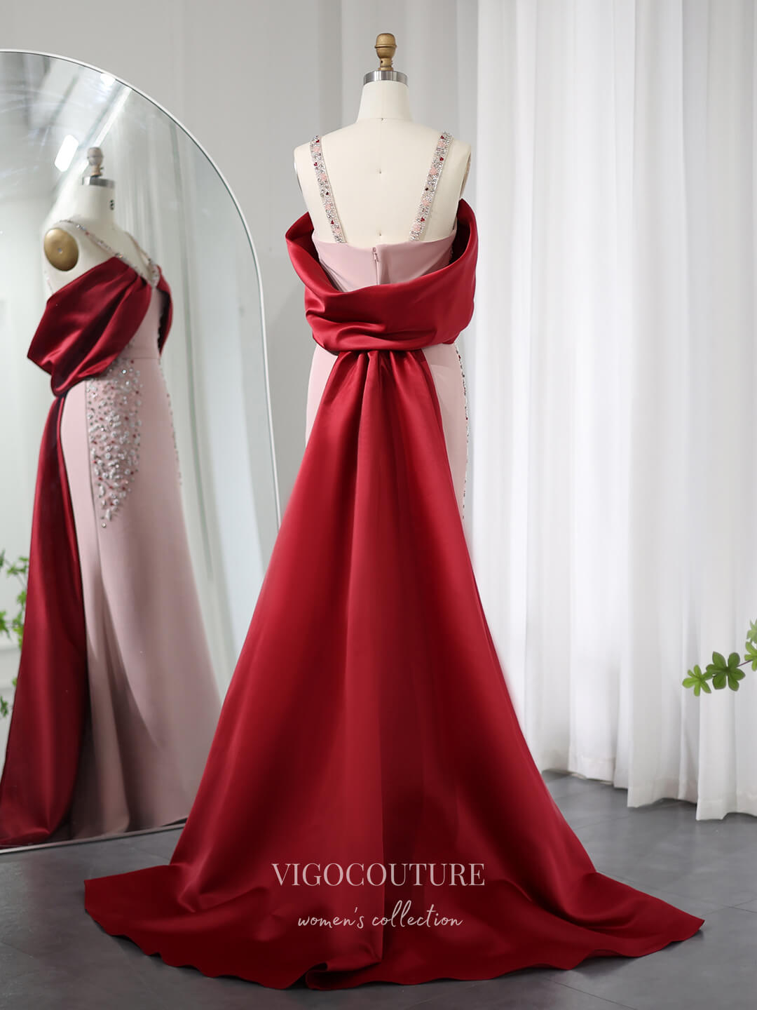 Prom Dress 2025 Pink and Red Sheath Beaded Prom Dresses Satin Train V-Neck Pageant Dress 24451-unique elegant Prom Dresses-Pink-US2-vigocouture