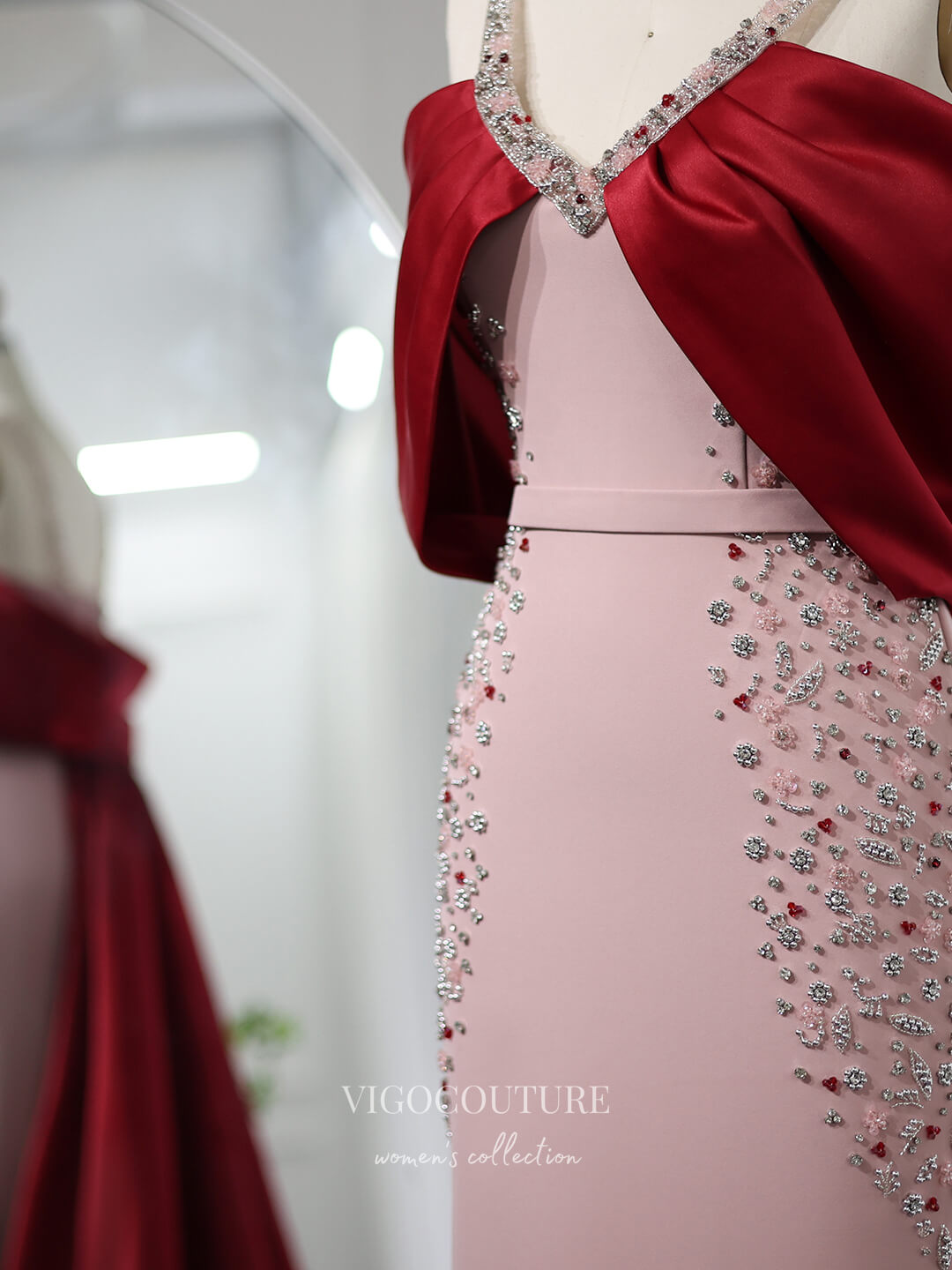 Prom Dress 2025 Pink and Red Sheath Beaded Prom Dresses Satin Train V-Neck Pageant Dress 24451-unique elegant Prom Dresses-Pink-US2-vigocouture