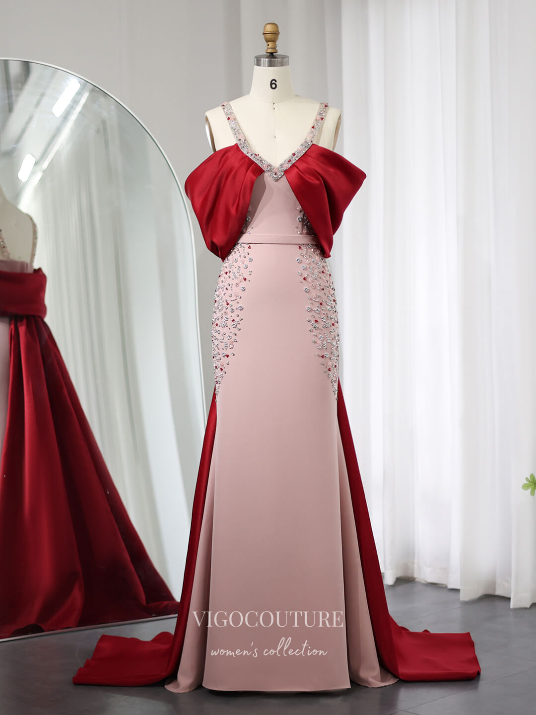 Prom Dress 2025 Pink and Red Sheath Beaded Prom Dresses Satin Train V-Neck Pageant Dress 24451-unique elegant Prom Dresses-Pink-US2-vigocouture