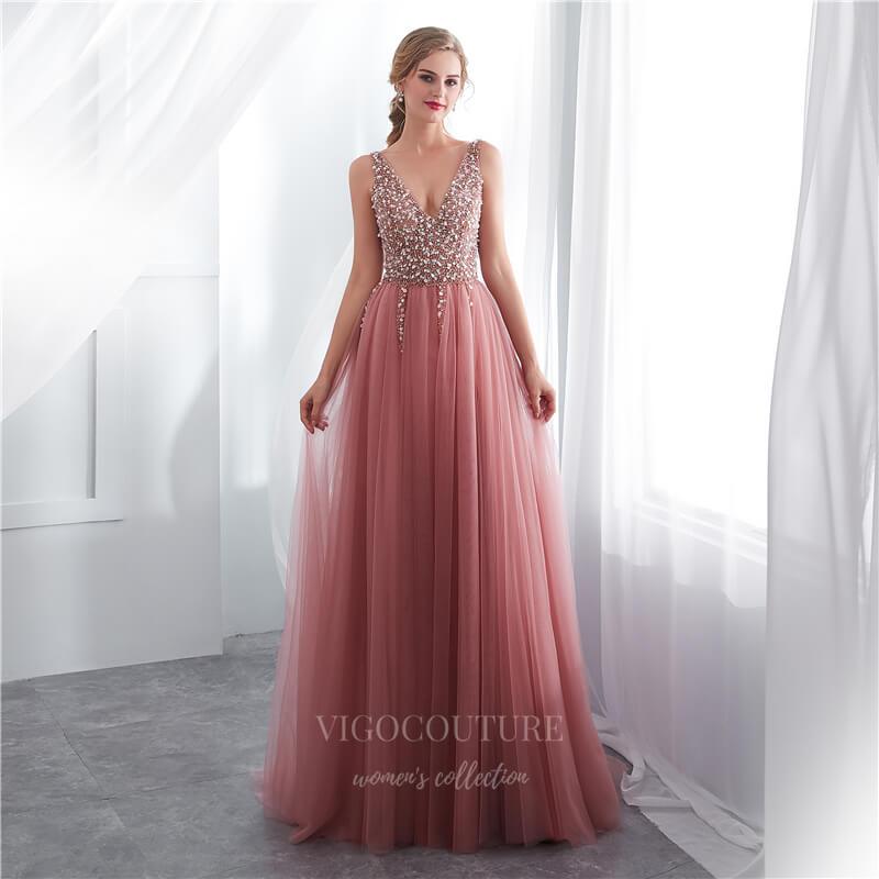 Prom Dress 2025 Pink Beaded A-Line Prom Dress 20298-unique elegant Prom Dresses-Pink-US2-vigocouture