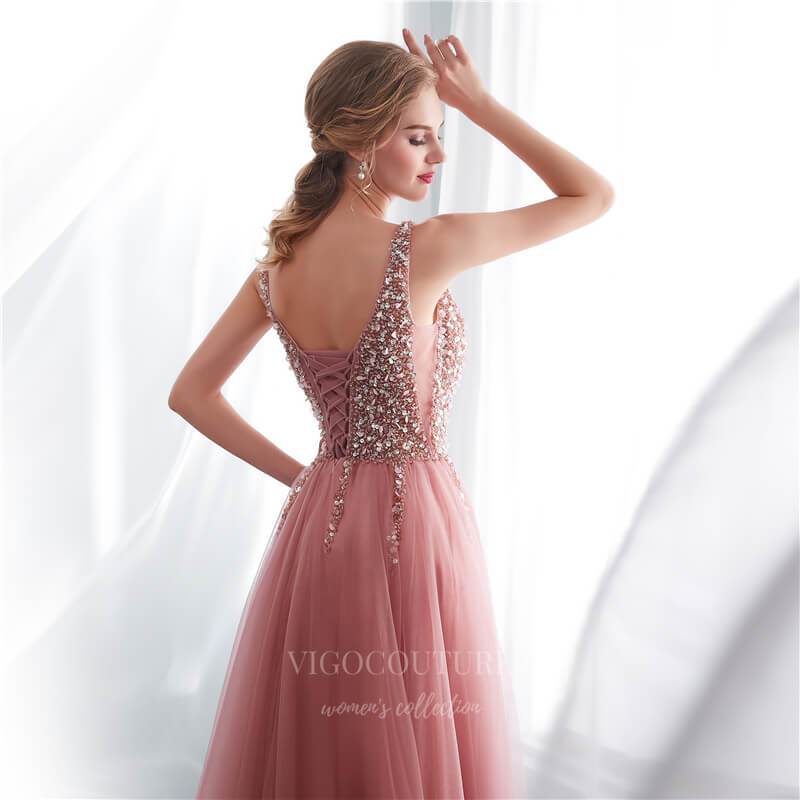 Prom Dress 2025 Pink Beaded A-Line Prom Dress 20298-unique elegant Prom Dresses-Pink-US2-vigocouture