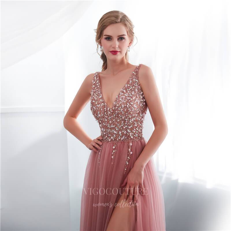 Prom Dress 2025 Pink Beaded A-Line Prom Dress 20298-unique elegant Prom Dresses-Pink-US2-vigocouture