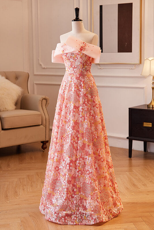 Pink Beaded Lace Applique Prom Dress Off-The-Shoulder Dress 22269 Custom Colors / US12 Pink Beaded Lace Applique Prom Dress Off-The-Shoulder Dress 22269 Custom Colors / US12