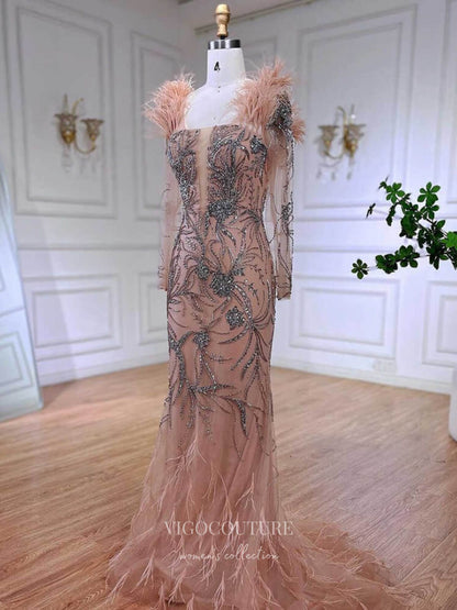 pink feather prom dress Pink Beaded Lace Mermaid Prom Dresses Feather Long Sleeve Pageant Dress 24533 Pink / US4