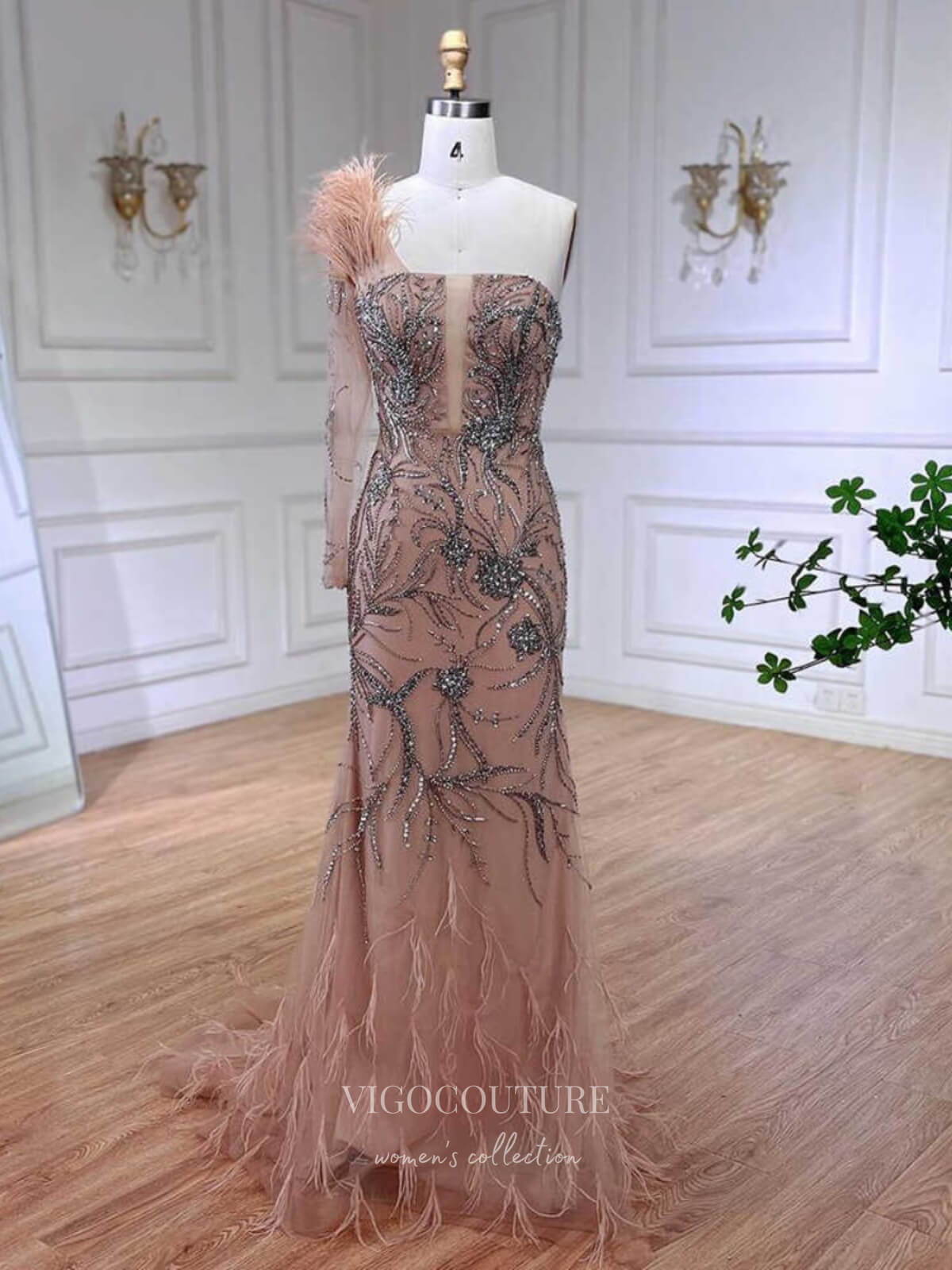 Prom Dress 2025 Pink Beaded Lace Mermaid Prom Dresses Feather Long Sleeve Pageant Dress 24533-unique elegant Prom Dresses-Pink-US2-vigocouture