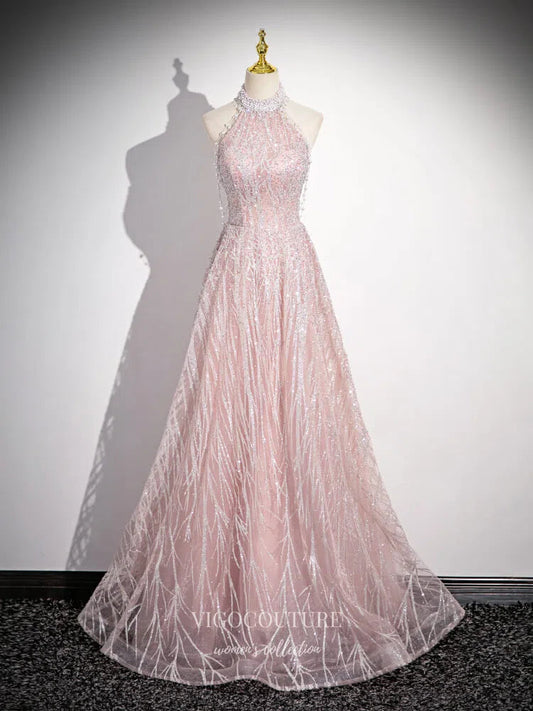 Prom Dress 2025 Pink Beaded Lace Pearl Prom Dresses 2025 Halter Neck Evening Dress 25071-unique elegant Prom Dresses-Pink-Custom Size-vigocouture