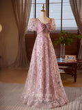 Prom Dress 2025 Pink Beaded Lace Prom Dresses Puffed Sleeve Bow-Tie Evening Dress 24391-unique elegant Prom Dresses-Pink-Custom Size-vigocouture