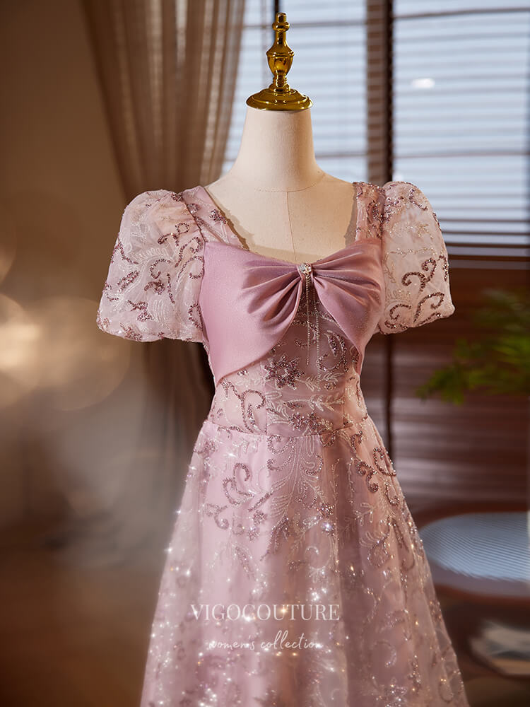 Pink Beaded Lace Prom Dresses Puffed Sleeve Bow-Tie Evening Dress 24391 Custom Colors / Custom Size Pink Beaded Lace Prom Dresses Puffed Sleeve Bow-Tie Evening Dress 24391 Custom Colors / Custom Size