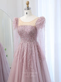 Prom Dress 2025 Pink Beaded Lace Prom Dresses Sheer Long Sleeve Pageant Dress Boat Neck 24434-unique elegant Prom Dresses-Pink-US2-vigocouture