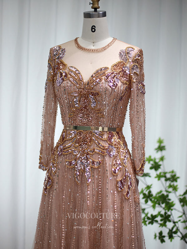 Prom Dress 2025 Pink Beaded Long Sleeve Prom Dresses Boat Neck 20s Evening Dress 22150-unique elegant Prom Dresses-Pink-US2-vigocouture