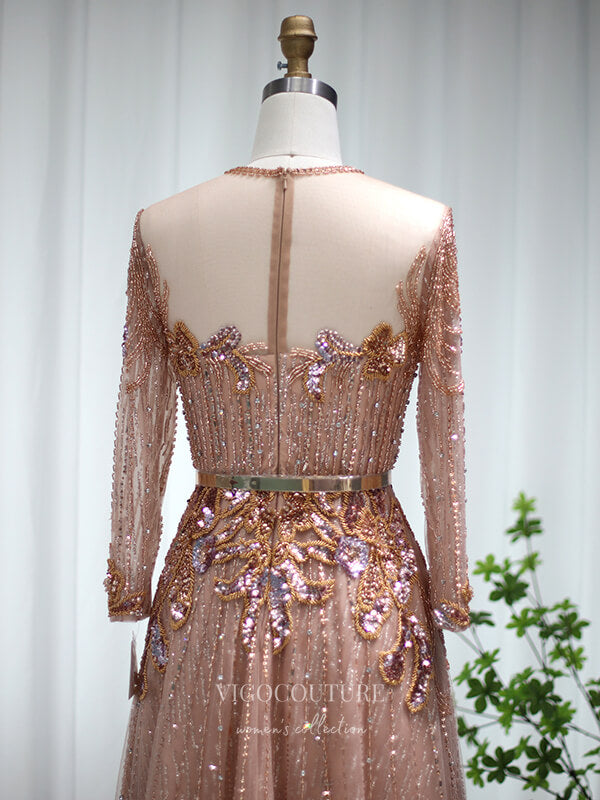 Pink Beaded Long Sleeve Prom Dresses Boat Neck 20s Evening Dress 22150 Pink / US12 Pink Beaded Long Sleeve Prom Dresses Boat Neck 20s Evening Dress 22150 Pink / US12
