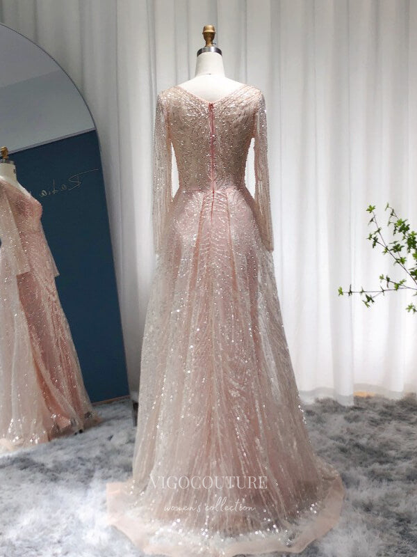 Pink Beaded Long Sleeve Prom Dresses Overskirt 1920s Pageant Dress 22154 Pink / US14 Pink Beaded Long Sleeve Prom Dresses Overskirt 1920s Pageant Dress 22154 Pink / US14