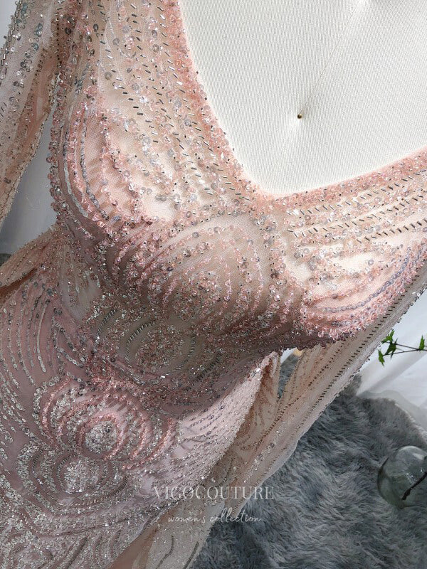 Prom Dress 2025 Pink Beaded Long Sleeve Prom Dresses Overskirt 1920s Pageant Dress 22154-unique elegant Prom Dresses-Pink-US2-vigocouture