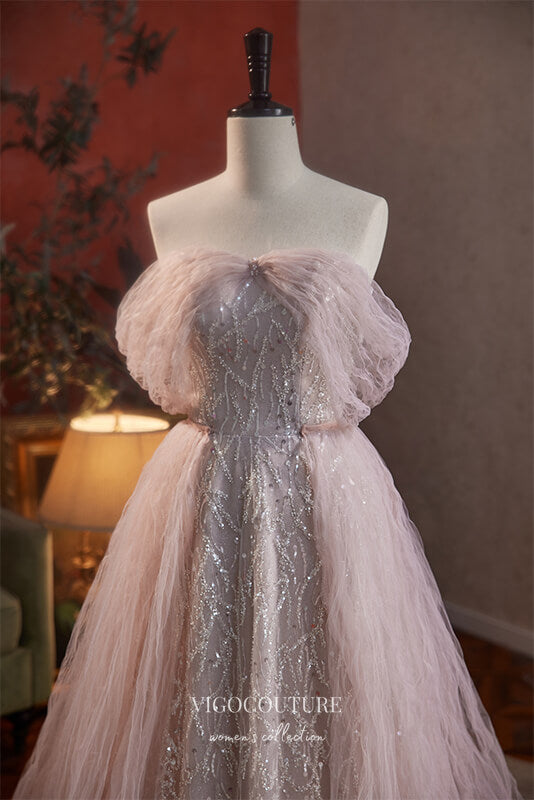 Prom Dress 2025 Pink Beaded Off the Shoulder Prom Dress with Pleated Overskirt 22348-unique elegant Prom Dresses-Pink-Custom Size-vigocouture