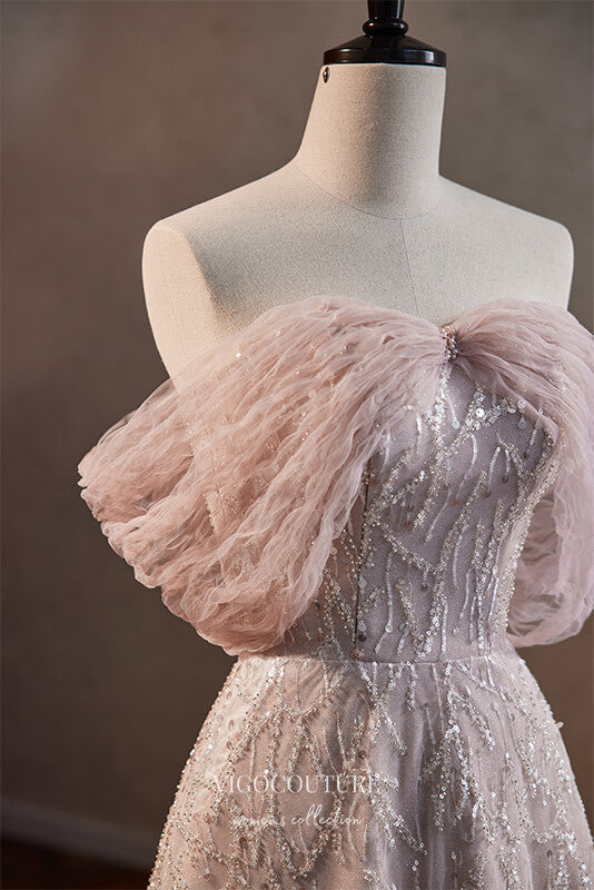 Prom Dress 2025 Pink Beaded Off the Shoulder Prom Dress with Pleated Overskirt 22348-unique elegant Prom Dresses-Pink-Custom Size-vigocouture