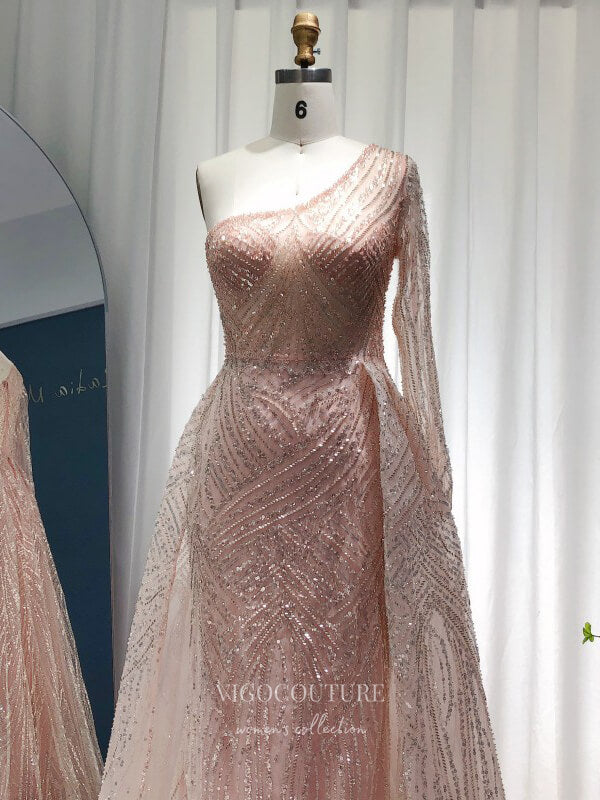 Pink Beaded One Shoulder Prom Dresses Overskirt 1920s Formal Dress 22153 Pink / US8 Pink Beaded One Shoulder Prom Dresses Overskirt 1920s Formal Dress 22153 Pink / US8