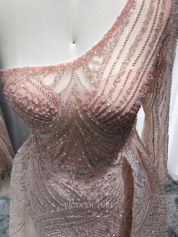 Pink Beaded One Shoulder Prom Dresses Overskirt 1920s Formal Dress 22153 Pink / US8 Pink Beaded One Shoulder Prom Dresses Overskirt 1920s Formal Dress 22153 Pink / US8