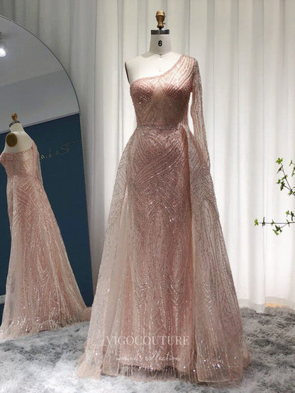 Pink Beaded One Shoulder Prom Dresses Overskirt 1920s Formal Dress 22153 Pink / US8