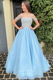 Prom Dress 2025 Pink Beaded Prom Dresses Cold Shoulder Organza Formal Dresses 21552-unique elegant Prom Dresses-Light Blue-US2-vigocouture