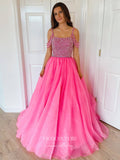 Pink Beaded Prom Dresses Cold Shoulder Organza Formal Dresses 21552