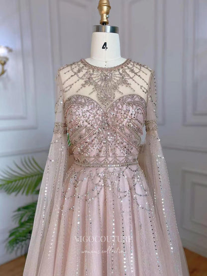 Pink Beaded Prom Dresses Extra Long Sleeve 1920s Evening Dress 22135 Pink / US2 Pink Beaded Prom Dresses Extra Long Sleeve 1920s Evening Dress 22135 Pink / US2