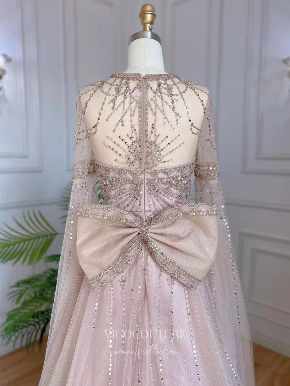 Prom Dress 2025 Pink Beaded Prom Dresses Extra Long Sleeve 1920s Evening Dress 22135-unique elegant Prom Dresses-Pink-US2-vigocouture