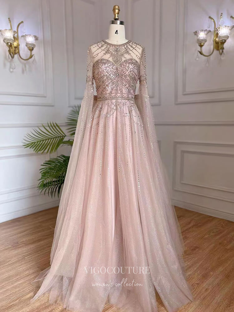 Prom Dress 2025 Pink Beaded Prom Dresses Extra Long Sleeve 1920s Evening Dress 22135-unique elegant Prom Dresses-Pink-US2-vigocouture