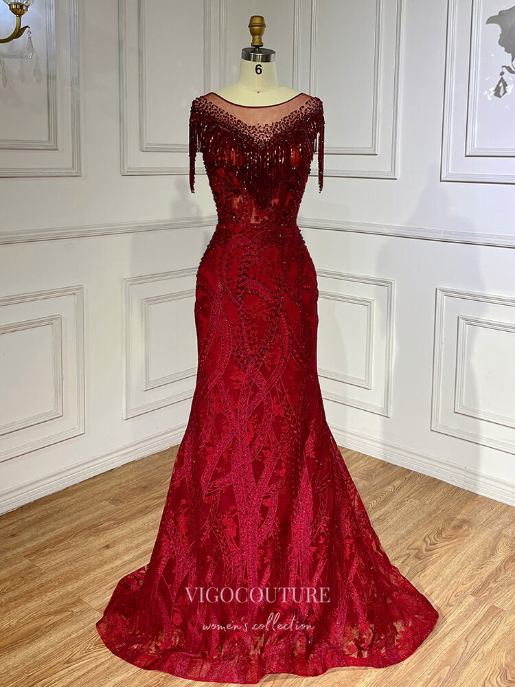 Prom Dress 2025 Pink Beaded Prom Dresses Lace Mermaid Pageant Dresses 22088-unique elegant Prom Dresses-Burgundy-US2-vigocouture