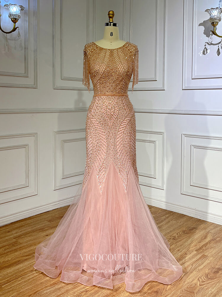 Prom Dress 2025 Pink Beaded Prom Dresses Lace Mermaid Pageant Dresses 22088-unique elegant Prom Dresses-Pink-US2-vigocouture