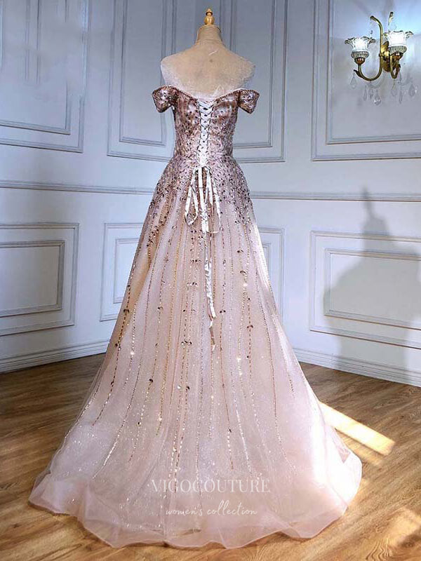 Prom Dress 2025 Pink Beaded Prom Dresses Off the Shoulder Evening Dresses 21198-unique elegant Prom Dresses-Pink-US2-vigocouture