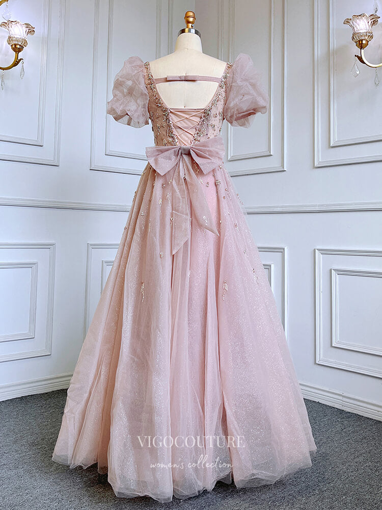 Prom Dress 2025 Pink Beaded Prom Dresses Puffed Sleeve Sparkly Tulle Princess Dresses 22078-unique elegant Prom Dresses-Pink-US2-vigocouture