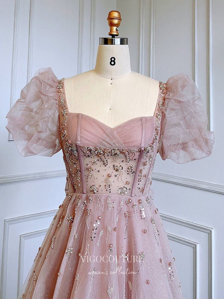 women's puff sleeve tulle princess dress V-Neck Tulle Long Prom Dress, A-Line Puff Sleeve Princess Dress fg5705