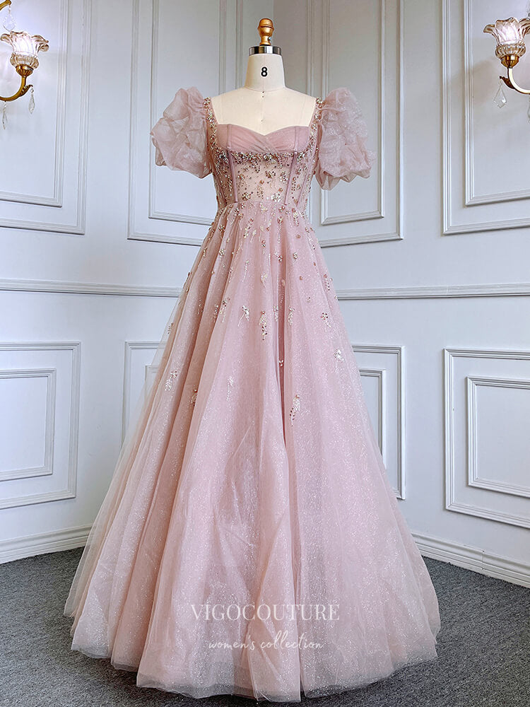 Prom Dress 2025 Pink Beaded Prom Dresses Puffed Sleeve Sparkly Tulle Princess Dresses 22078-unique elegant Prom Dresses-Pink-US2-vigocouture